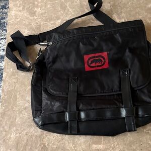 Black and Red Logo Messenger Bag
